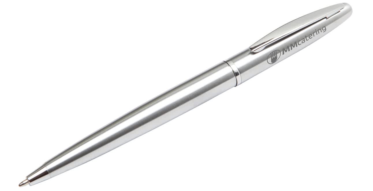 A silver metal pen with a sleek design and a logo on the side. Quebec Pen - Image 1