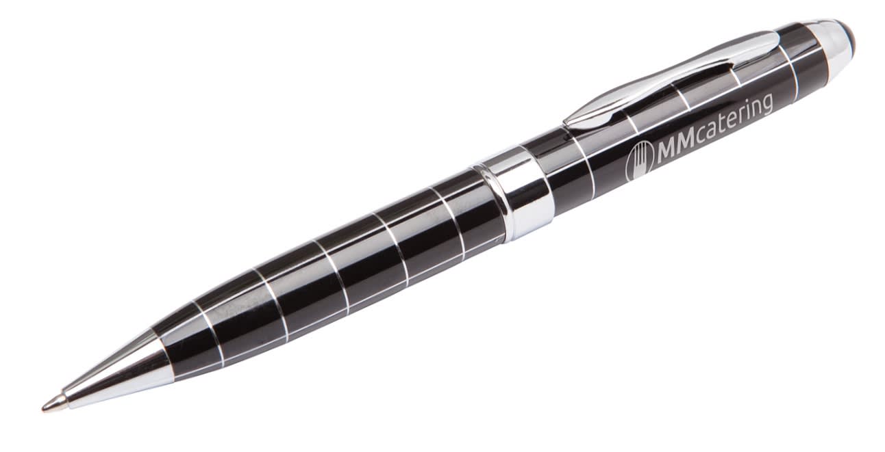 A metal pen featuring a black and silver design with a sleek finish and a logo. Lyon Pen - Image 1