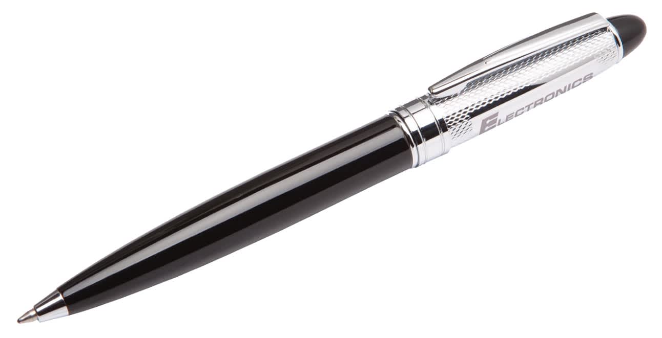 A sleek black metal pen with a chrome grip and a branding logo. Brussels Pen - Image 1