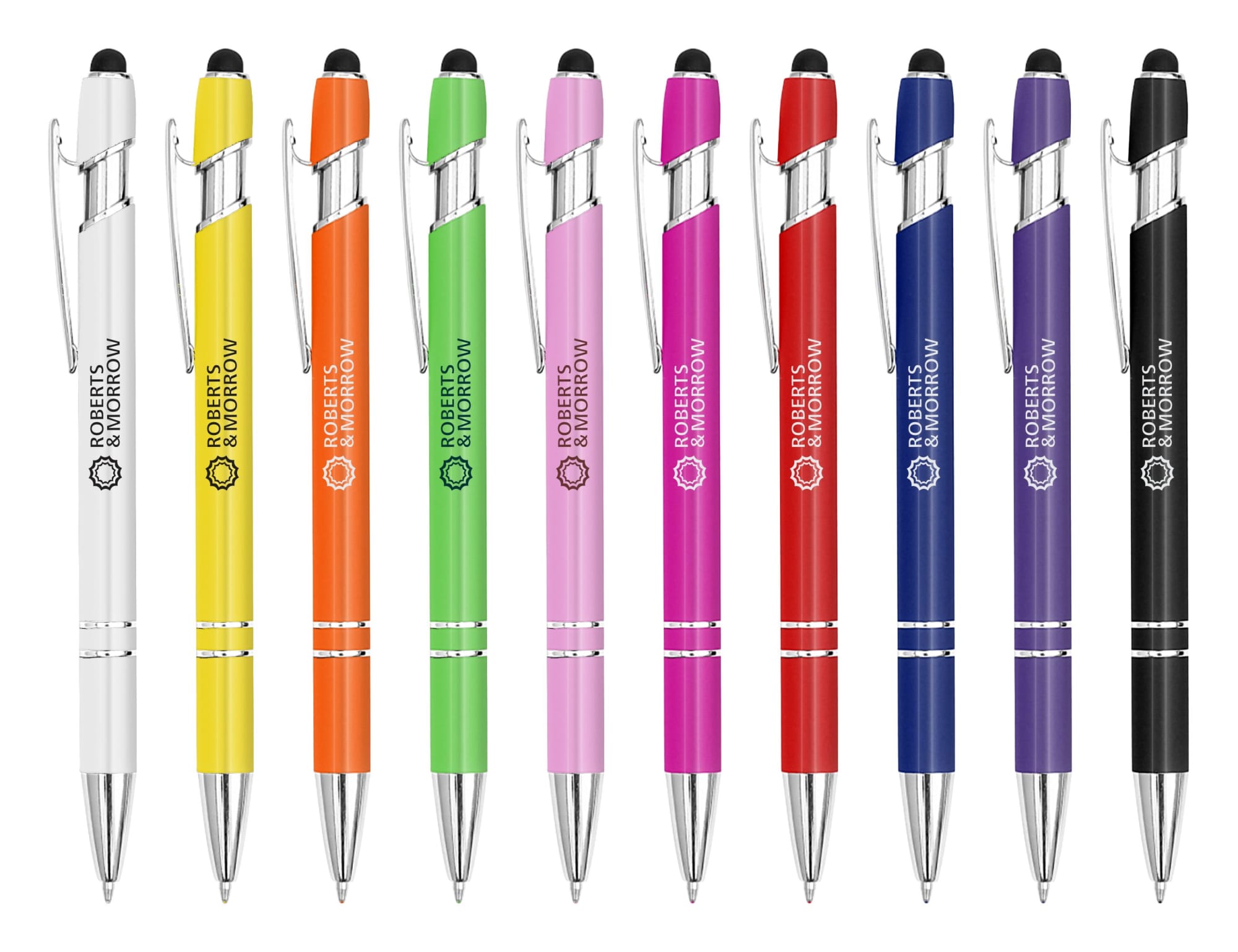 A set of stylus pens in various colours including white, yellow, orange, pink, purple, and black, featuring branding. Colombo Lacquer Stylus Pen - Image 1