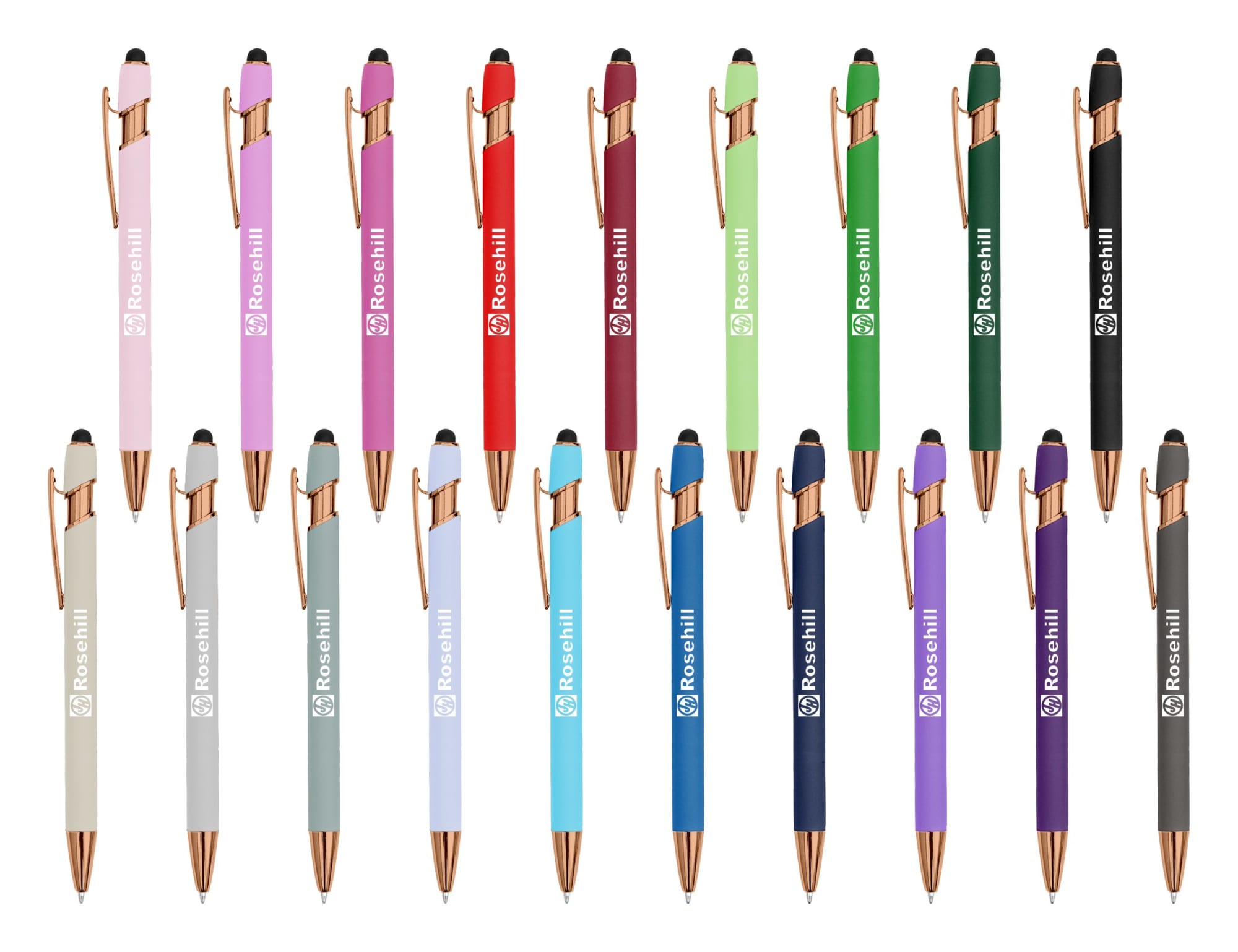 A collection of stylus pens in various colours like pink, red, green, and blue, featuring rose gold accents and branding. Colombo Rose Gold Stylus Pen - Image 1