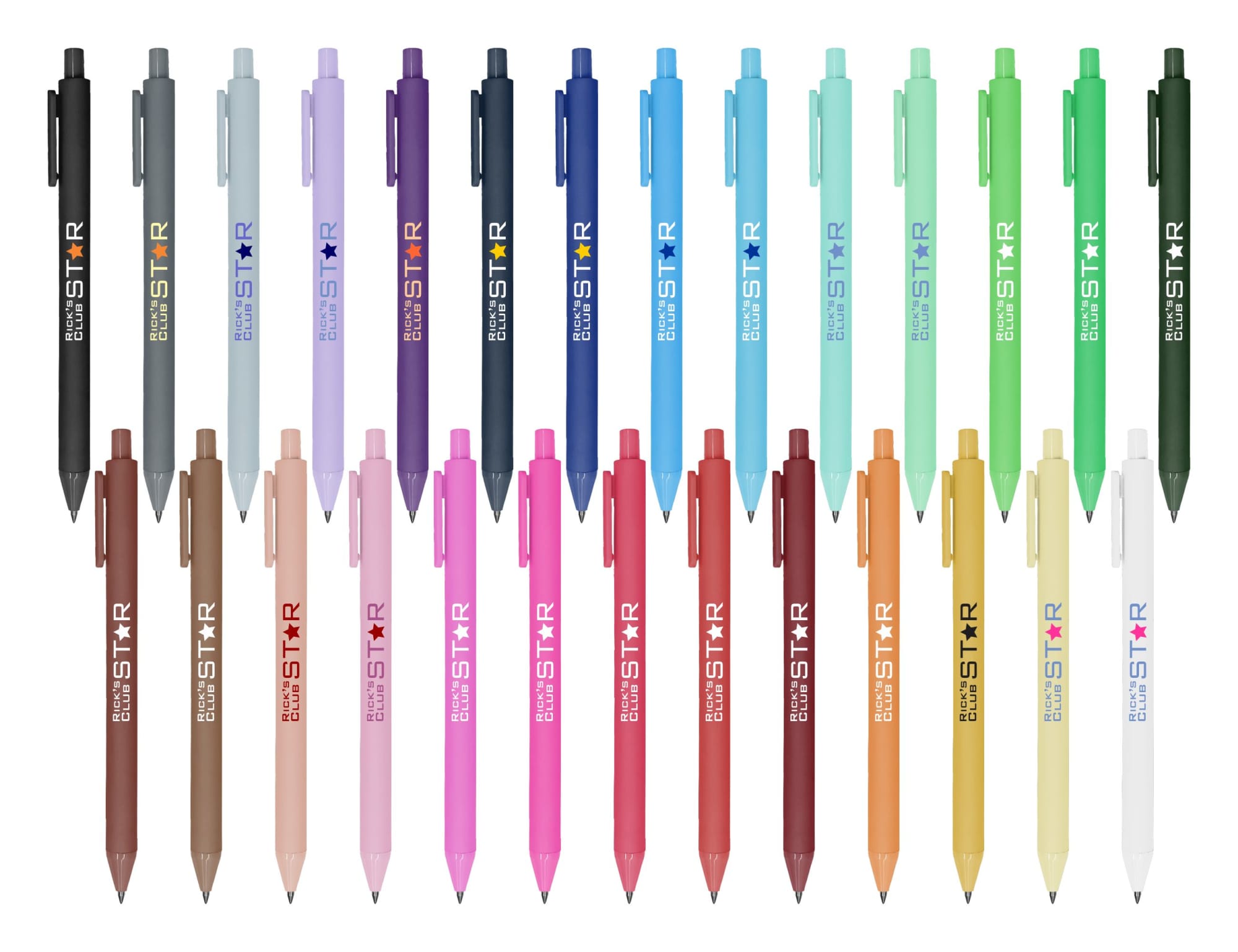 A collection of Virgo ball point pens in various colours including black, blue, green, and pink, arranged in rows. Virgo Ball Point Pen - Image 1