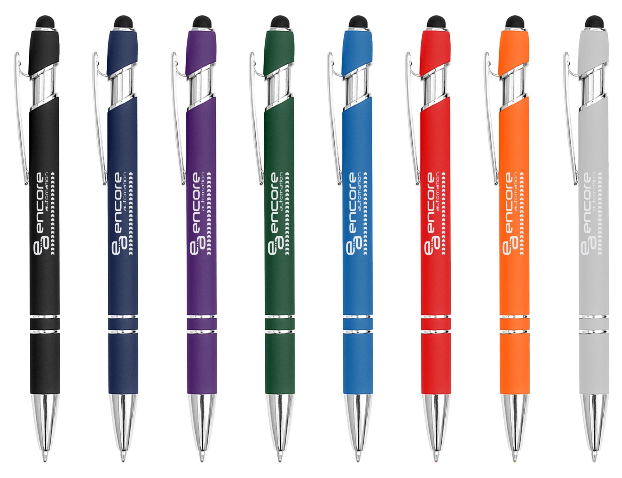A collection of Colombo Stylus Pens in black, purple, blue, green, red, orange, and silver, each featuring a logo. Colombo Stylus Pen - Image 1