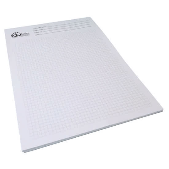A4 writing pad with 10 leaves and a grid pattern, featuring a logo in the top corner. A4 Writing Pad 4c 10 Leaf - Image 1