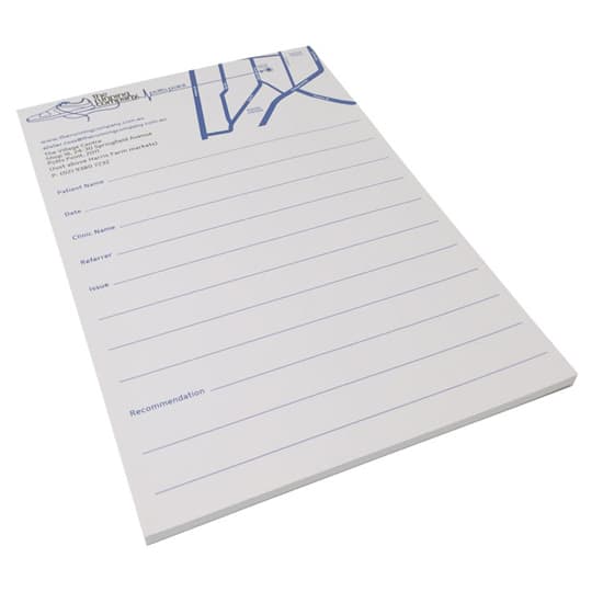 A5 writing pad featuring a white background with blue printing, includes sections for notes and recommendations. A5 Writing Pad 2c 10 Leaf - Image 1