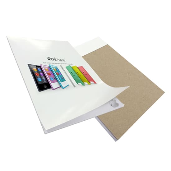 A white wrap-over cover with a brown backing, featuring multiple colourful device images and a logo. A4 Wrap Over Cover 3 Colour 50 Leaf - Image 1