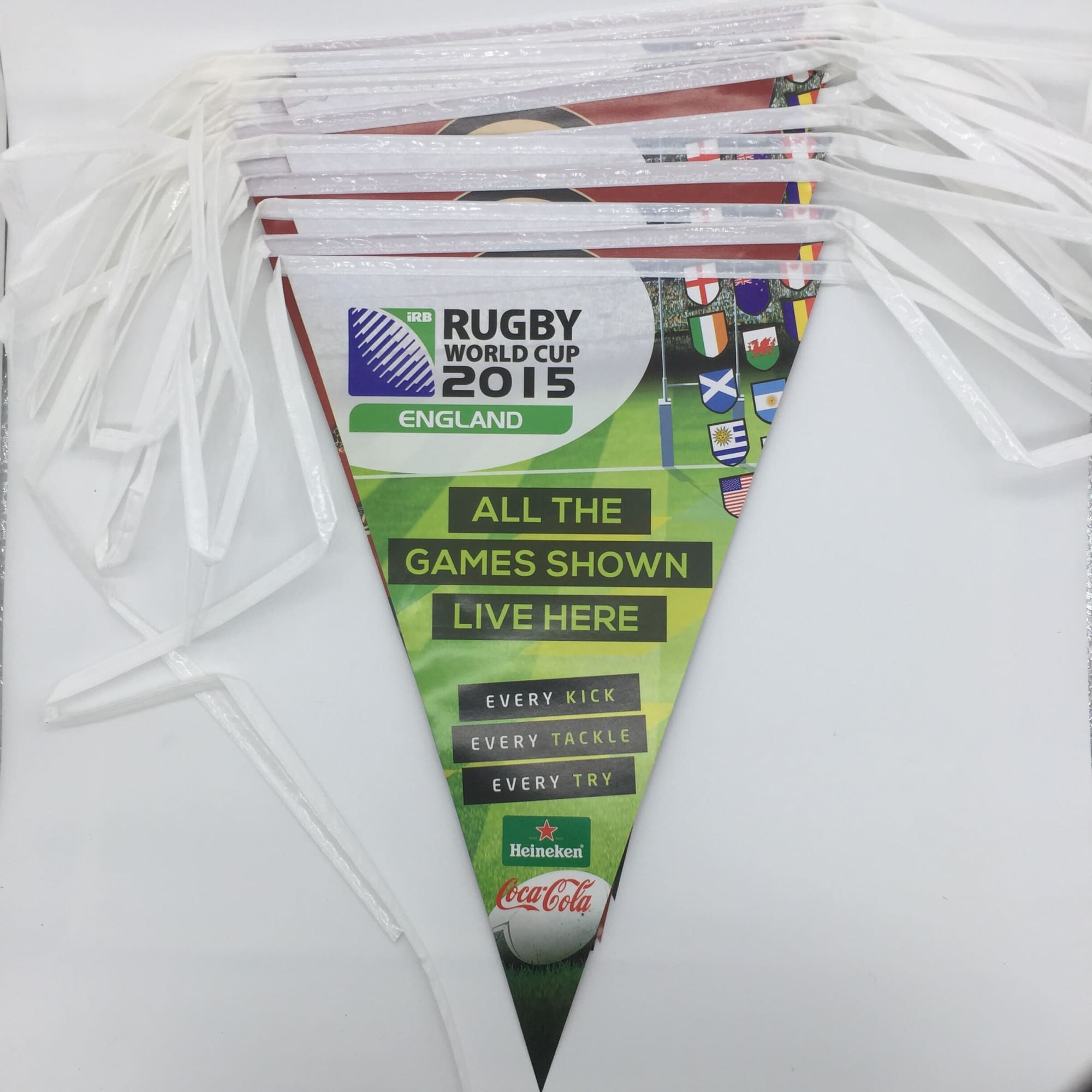 A triangular paper bunting in various colours featuring Rugby World Cup 2015 designs and a logo. Paper Bunting Triangle - 150mm x 200mm - Image 1