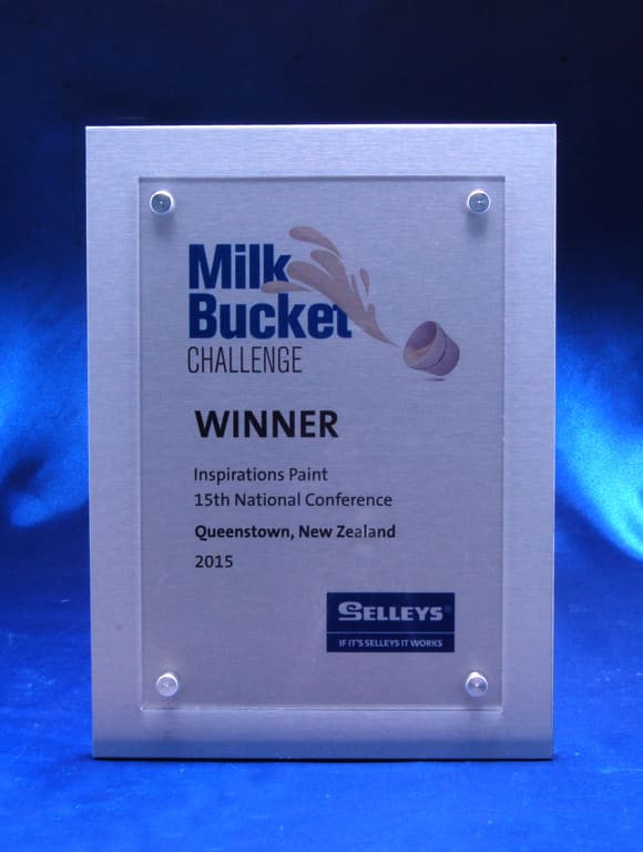 A silver metal plaque featuring an acrylic front, detailing an award with a logo and decorative elements. Acrylic over Metal Plaque - Image 1