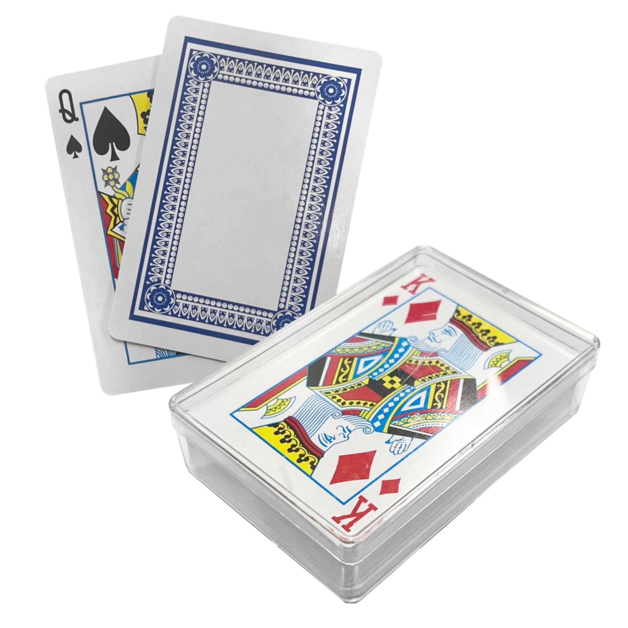 A set of playing cards featuring a King of Diamonds and a Queen of Spades, presented in a clear plastic box. Joy Playing Card in Box - Image 1