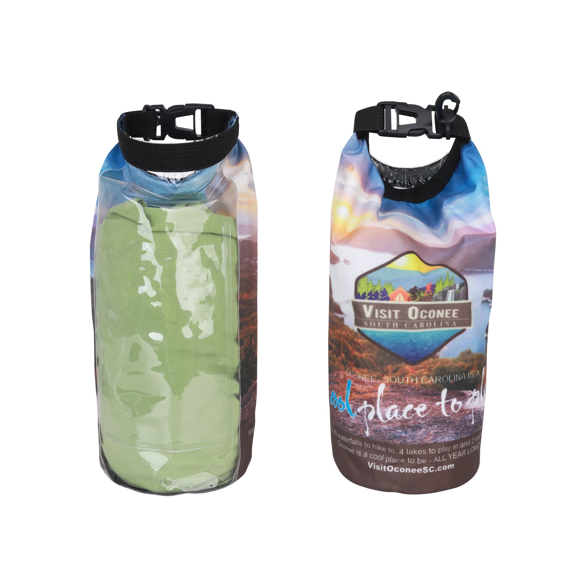 A 2L full colour dry bag with a PVC window, featuring a scenic print and a black secure strap at the top. 2L Full Colour Dry Bag with PVC Window - Image 1