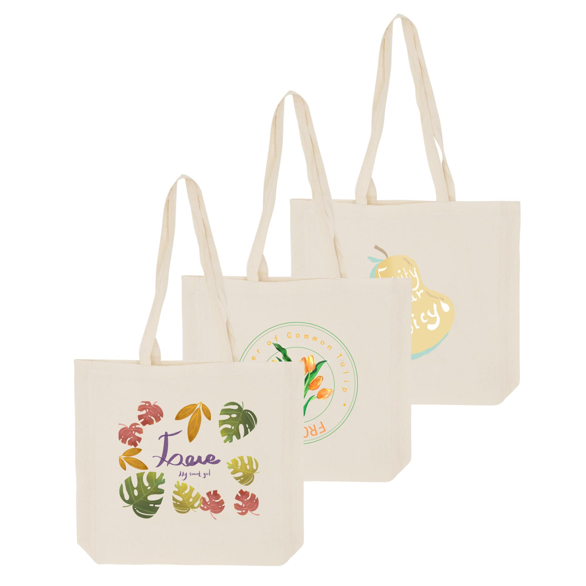 Three cream-coloured calico bags with long handles and gussets, featuring various colourful designs and one logo. 170gsm Long Handle Calico Bag with Gusset - Image 1