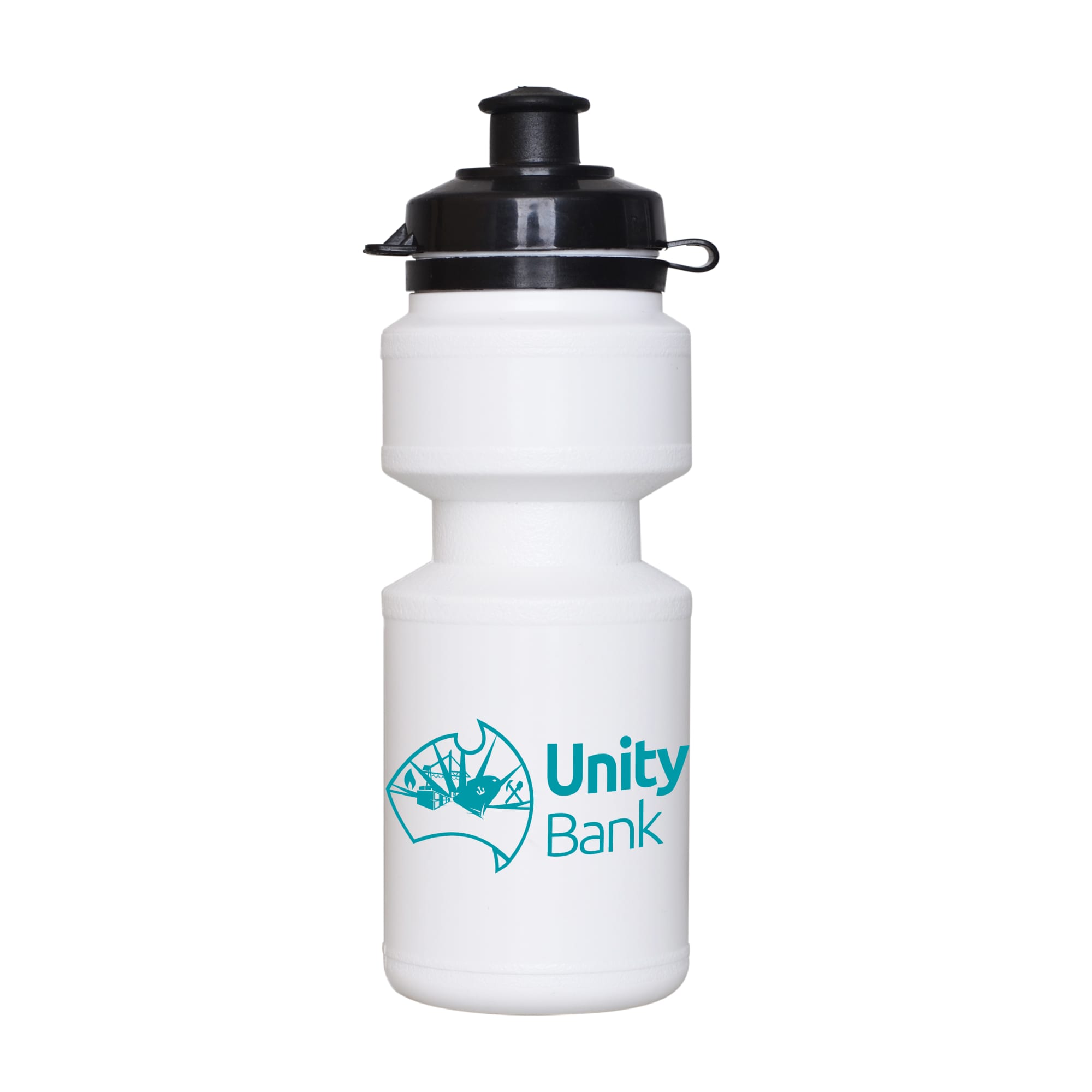A drink bottle in white with a black flip-top lid and a logo. It has a cylindrical shape suitable for hydration. 325ml Flip Top Drink Bottle - Image 1
