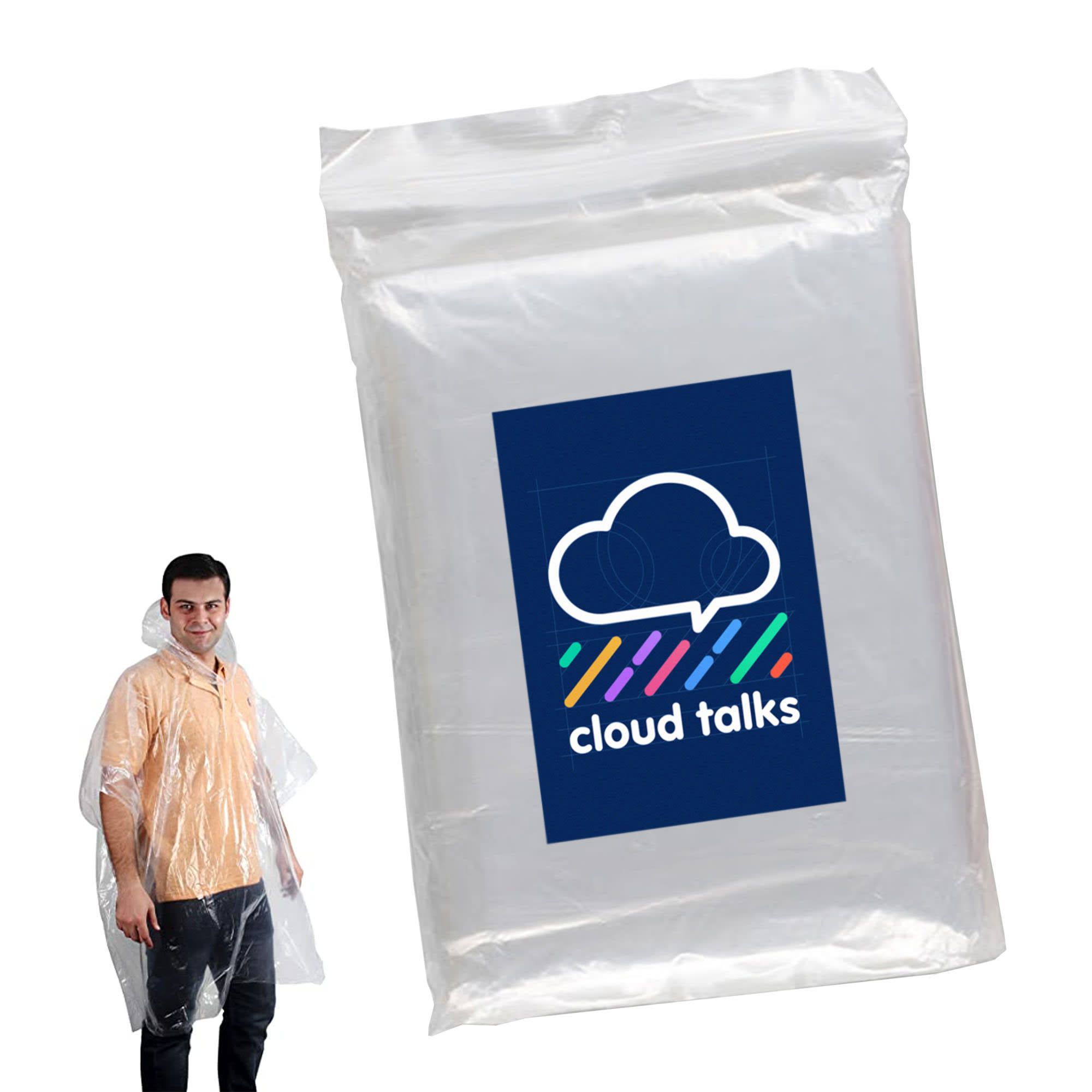 A clear plastic poncho displayed with a packaging bag featuring a logo. A person is wearing the poncho. Breeze Poncho - Image 1
