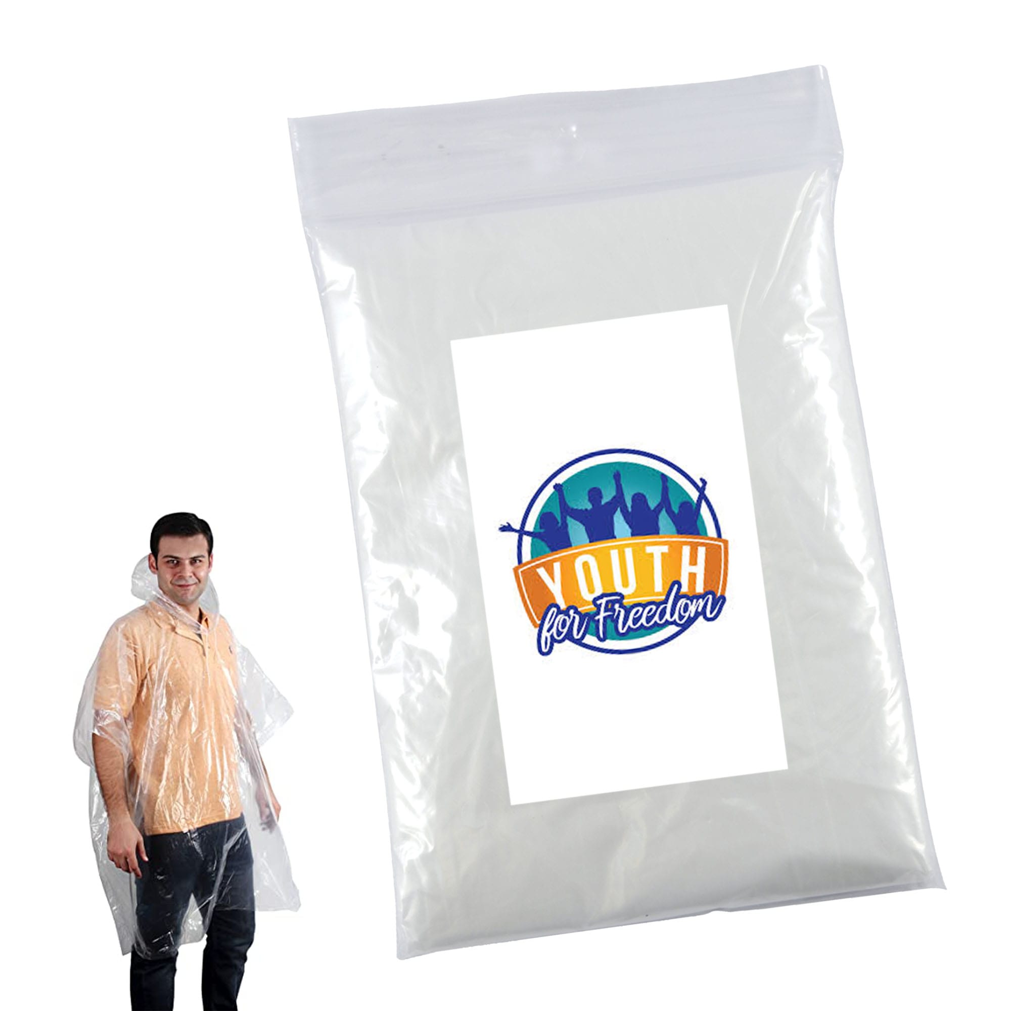 A clear poncho is displayed, packaged in a plastic bag, with a logo featured on the front. Sunlight Poncho - Image 1