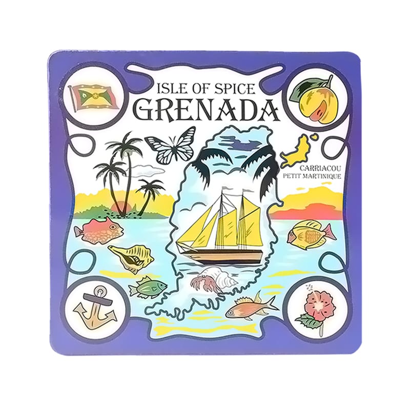 A colourful decorative coaster featuring a map of Grenada with marine life and tropical motifs. It has a logo on the design. Deluxe Cork Coaster - Image 1