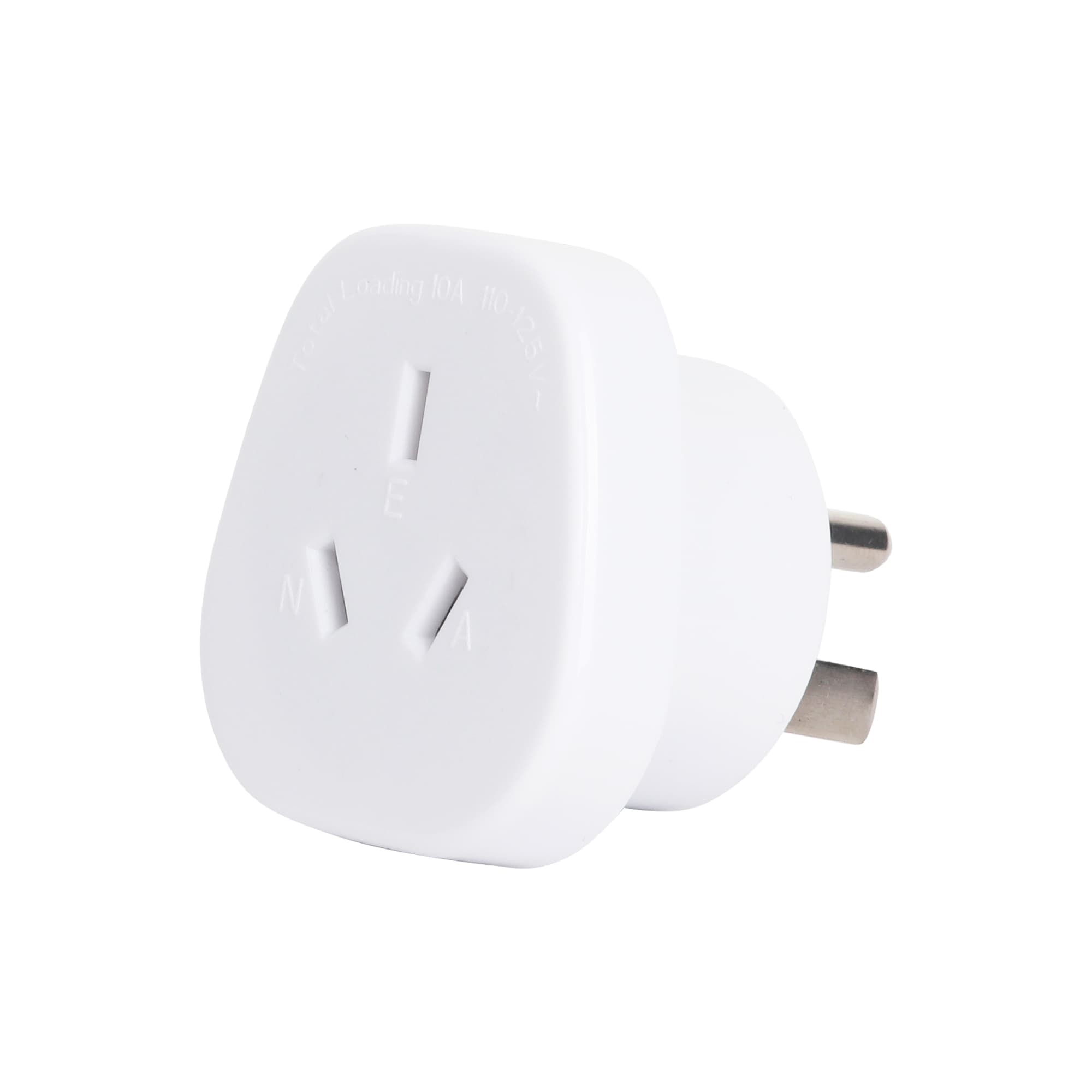 A white universal travel adapter featuring Australian and US plug configurations. It has a compact design and a branding logo. Universal Travel Adapter AU to US - Image 1