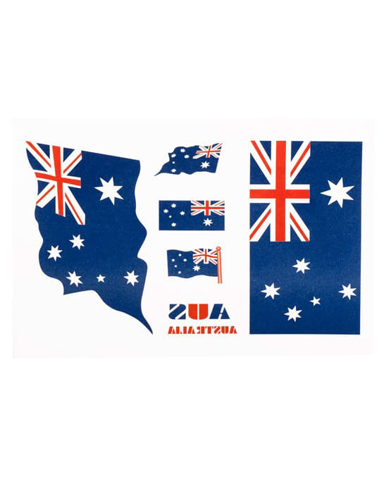 A sheet of waterproof temporary tattoos featuring various Australian flags in blue, red, and white. Waterproof Temporary Tattoos - Image 1