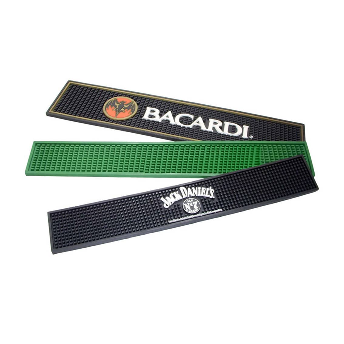 A set of moulded PVC bar runners in black and green, featuring logos on each mat. Moulded PVC Bar Runner - Image 1