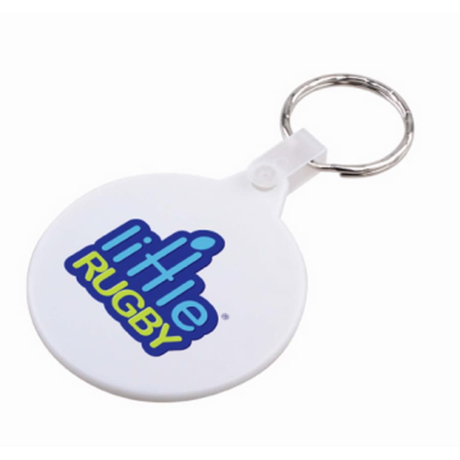A round hard plastic keyring in white featuring a blue logo. It has a metal keyring attachment. Round Hard Plastic Keyring - Image 1