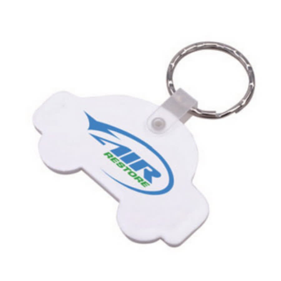 A white keyring shaped like a car with a metal keyring attachment and a logo. Car Durasoft Keyring - Image 1