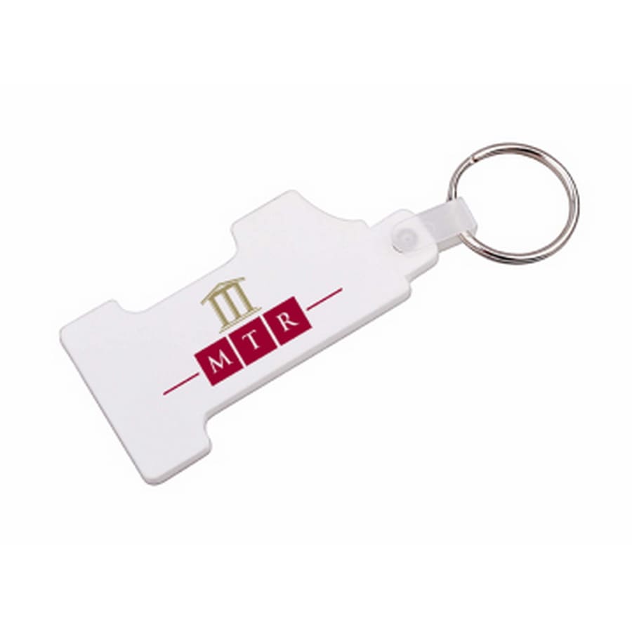 A white Durasoft keyring with a keychain attachment and a logo on its surface. Number 1 Durasoft Keyring - Image 1