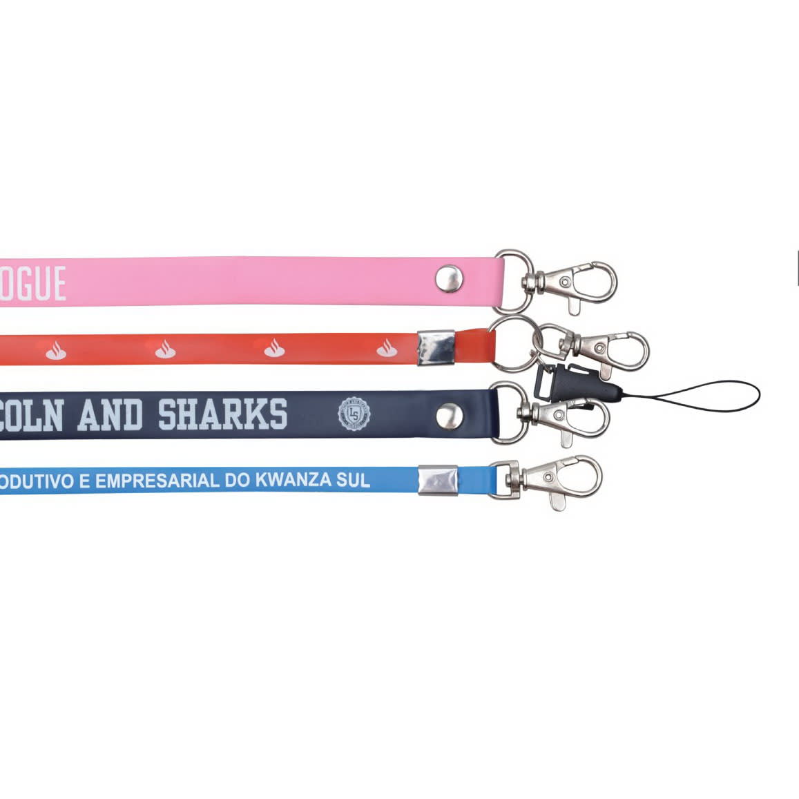 Four PVC lanyards in pink, red, navy, and light blue, featuring metal clips and one with a string attachment. Full PVC Lanyard - Image 1