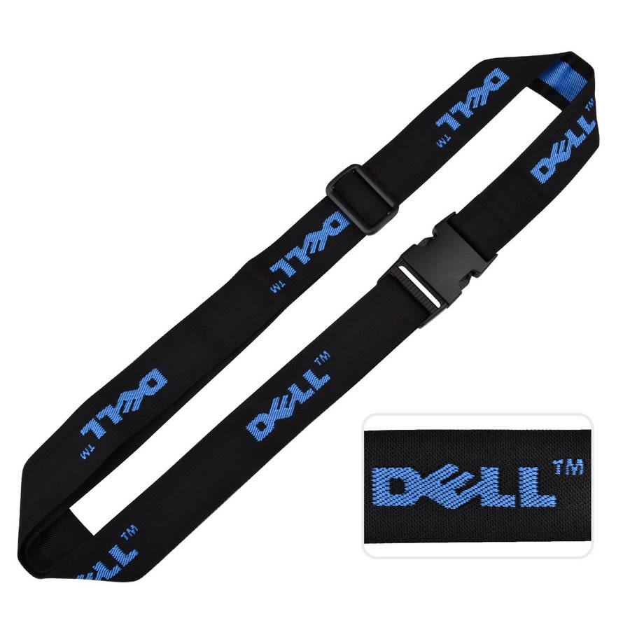 A woven luggage belt in black with blue branding, featuring an adjustable buckle. Woven Luggage Belt - Image 1