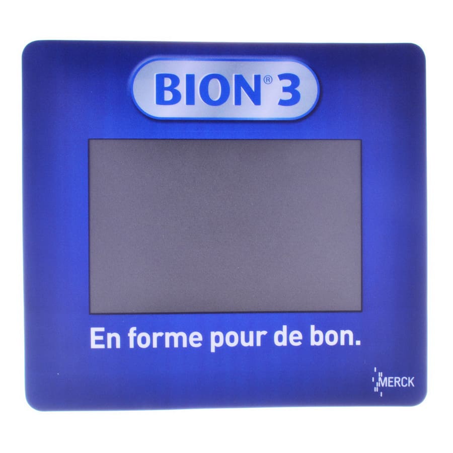 A blue mouse mat with a grey centre, featuring a logo and some text at the bottom. Frame Mat - Image 1