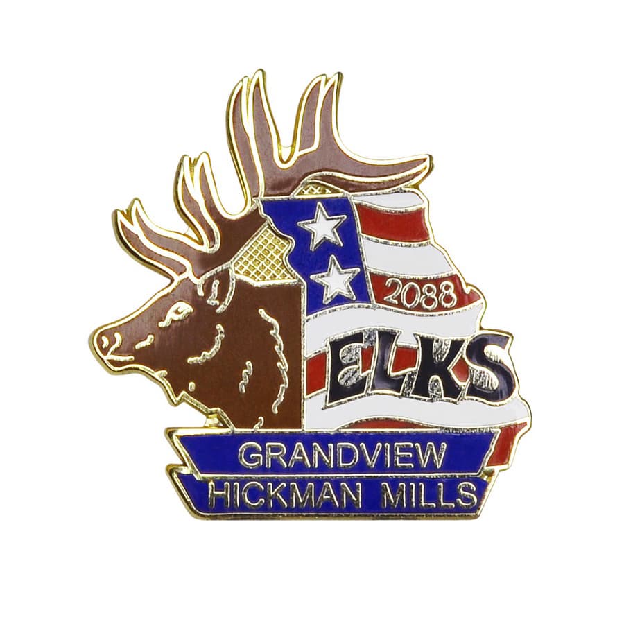 A gold and coloured hard enamel lapel pin featuring a moose and stars, with a logo and text details. Cloisnne Hard Enamel Pins - Image 1