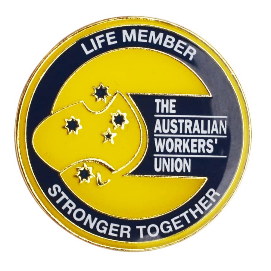 A circular lapel pin in yellow and black featuring a map of Australia and text, including "Life Member" and "Stronger Together". Embossed Soft Enamel Pins - Image 1