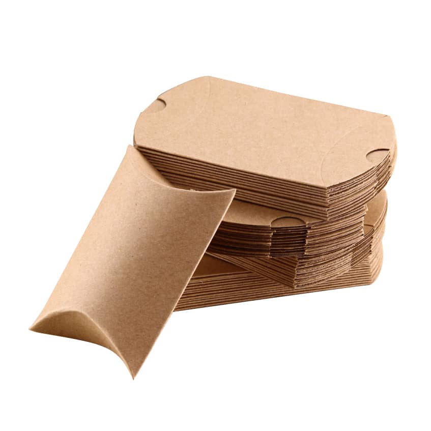A stack of large brown kraft pillow boxes with one box leaning to the side, showcasing its curved design. Large Brown Kraft Pillow Box(170 x 140 x 37mm) - Image 1