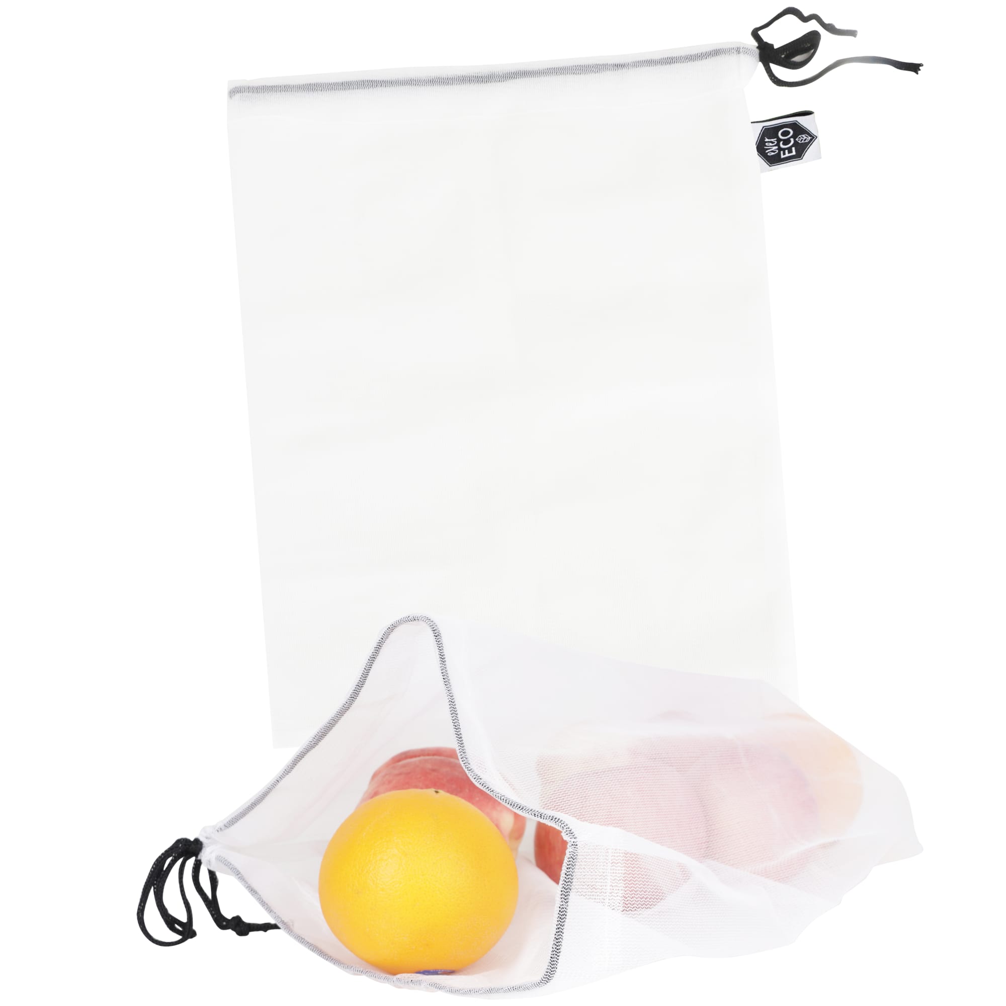 A lightweight, white produce bag with a drawstring carrying a yellow orange and several apples inside. 1 Piece Produce Bag - Image 1