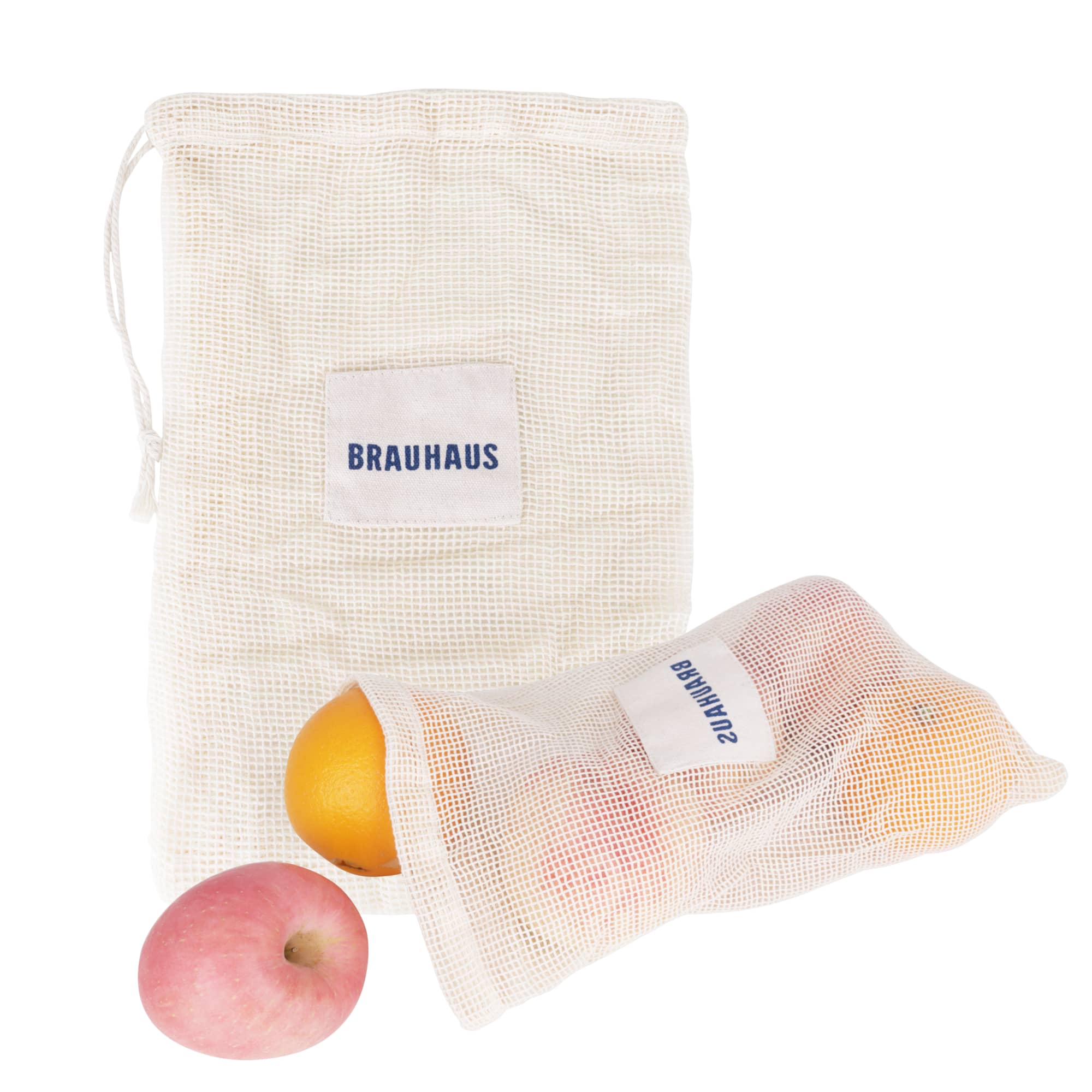 A cream-coloured organic cotton mesh bag with a drawstring, containing oranges and an apple. It features a logo. Organic Cotton Mesh Bag - Image 1
