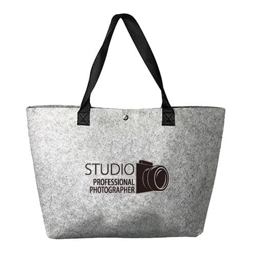 A grey felt shopping bag with black handles and a logo featuring a camera. Felt Shopping Bag - Image 1