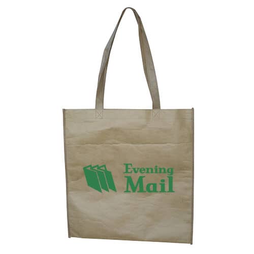 A kraft paper bag in beige with a green logo, featuring two sturdy handles for easy carrying. Kraft Paper Bag Laminated PP Woven Lined Inside - Image 1