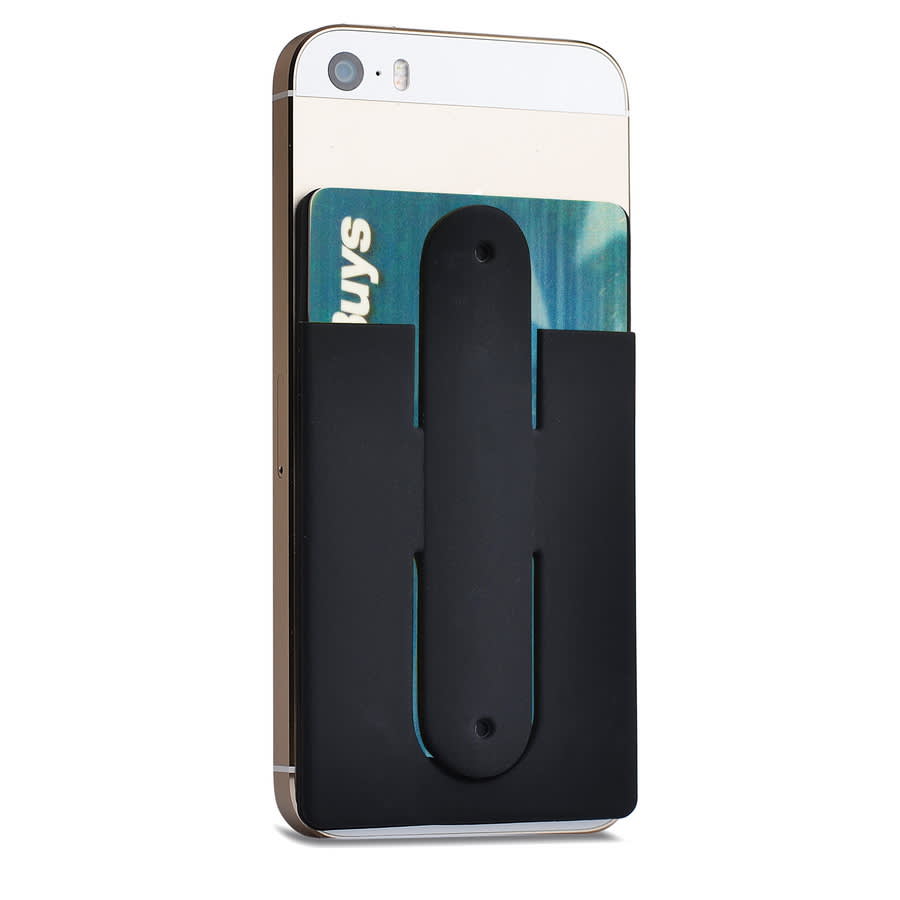 A black phone wallet stand attached to a smartphone, holding a credit card securely in place. Smart Wallet Stand - Image 1