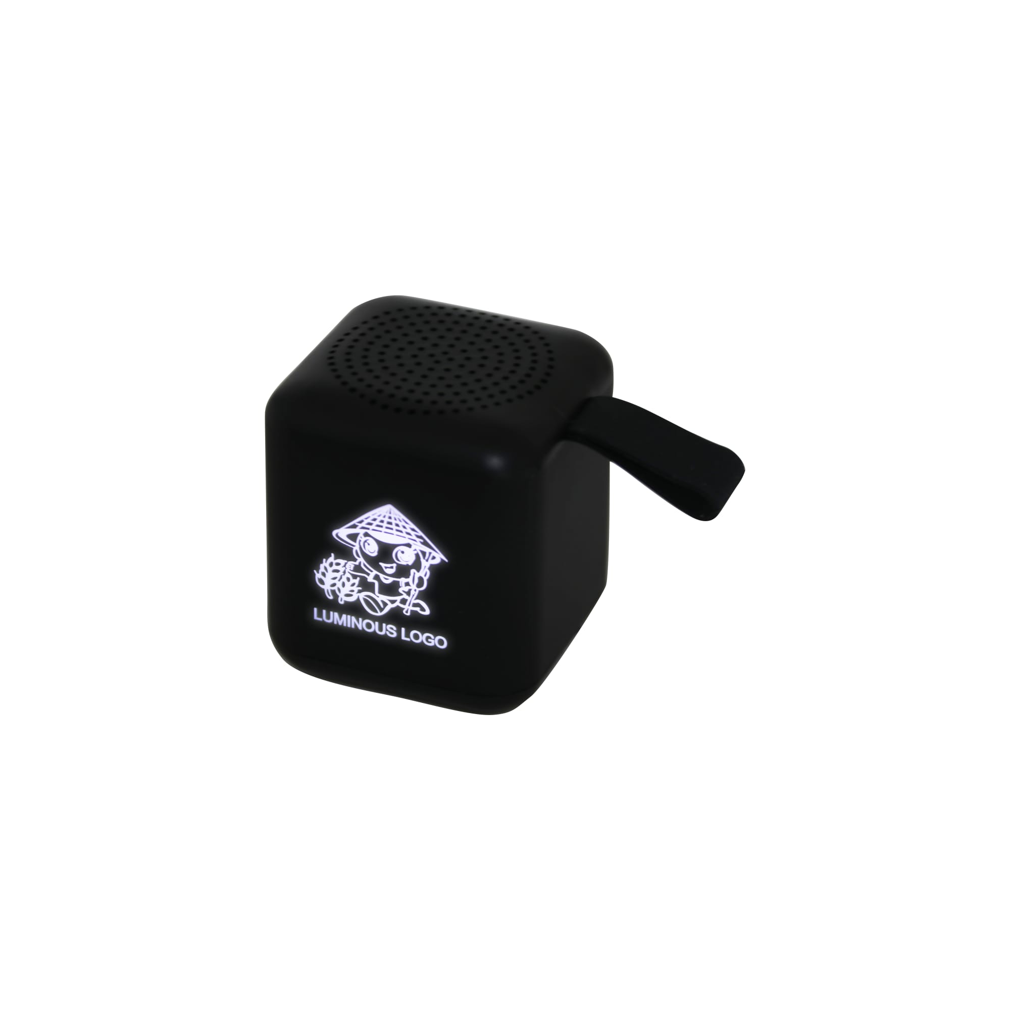 A black lighting cube Bluetooth speaker with a handle and a logo on its surface. Lighting Cube Bluetooth Speaker - Image 1