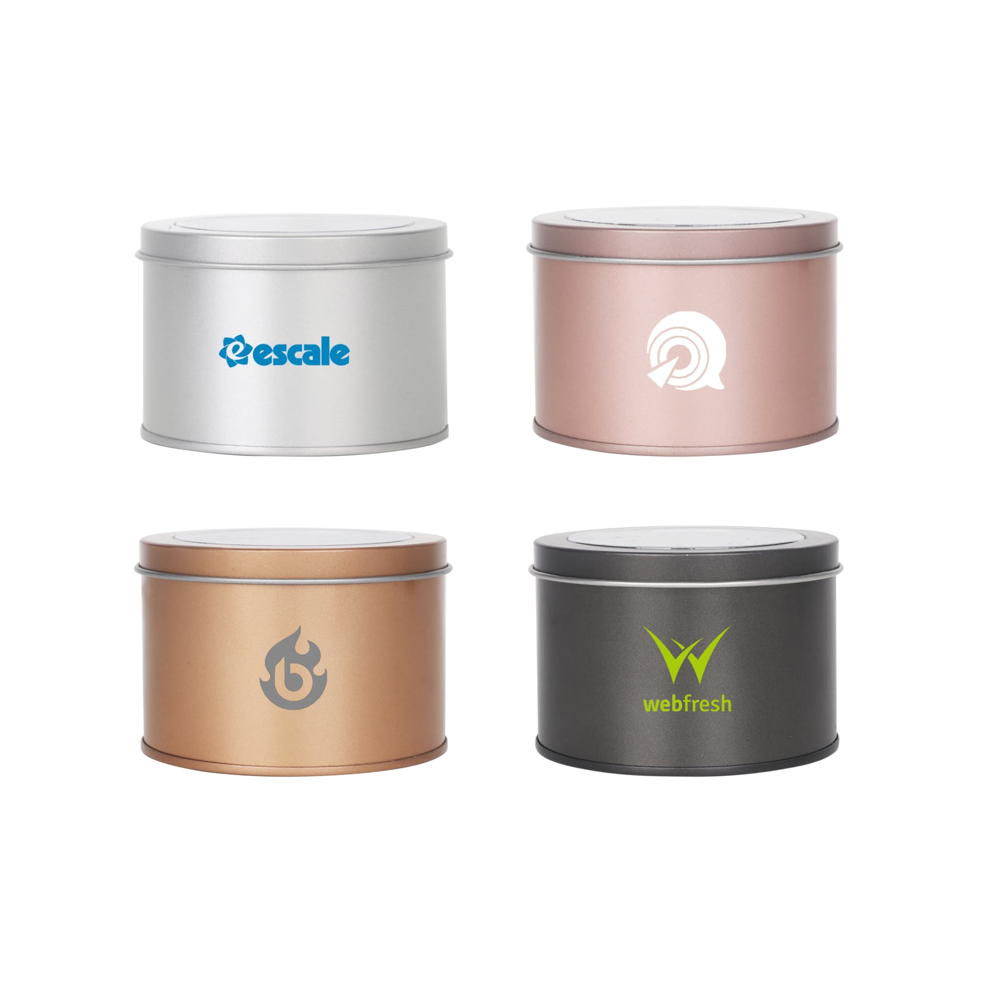 Four medium tins with transparent windows, featuring silver, rose gold, copper, and black finishes. Each tin has a logo. Medium Tin can with Transparent Window (90 x 60mm) - Image 1