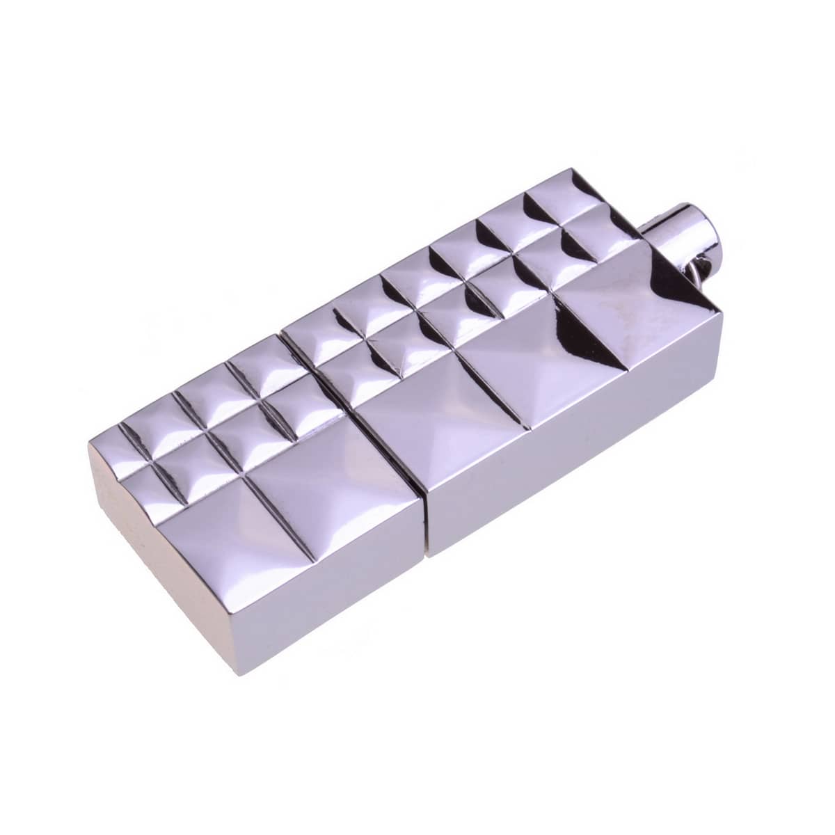 A silver flash drive with a geometric design featuring square and rectangular sections. Bali Flash drive - Image 1