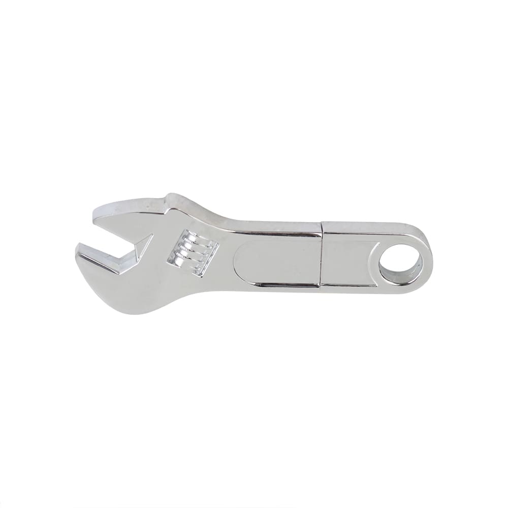 A metallic spanner-shaped flash drive with a shiny chrome finish, featuring a branding logo. Spanner Flash Drive - Image 1