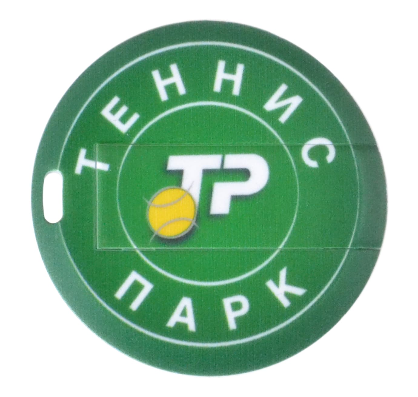 A round green flash drive featuring a logo and tennis ball design, with a slot for connection. Round Card Flash Drive - Image 1