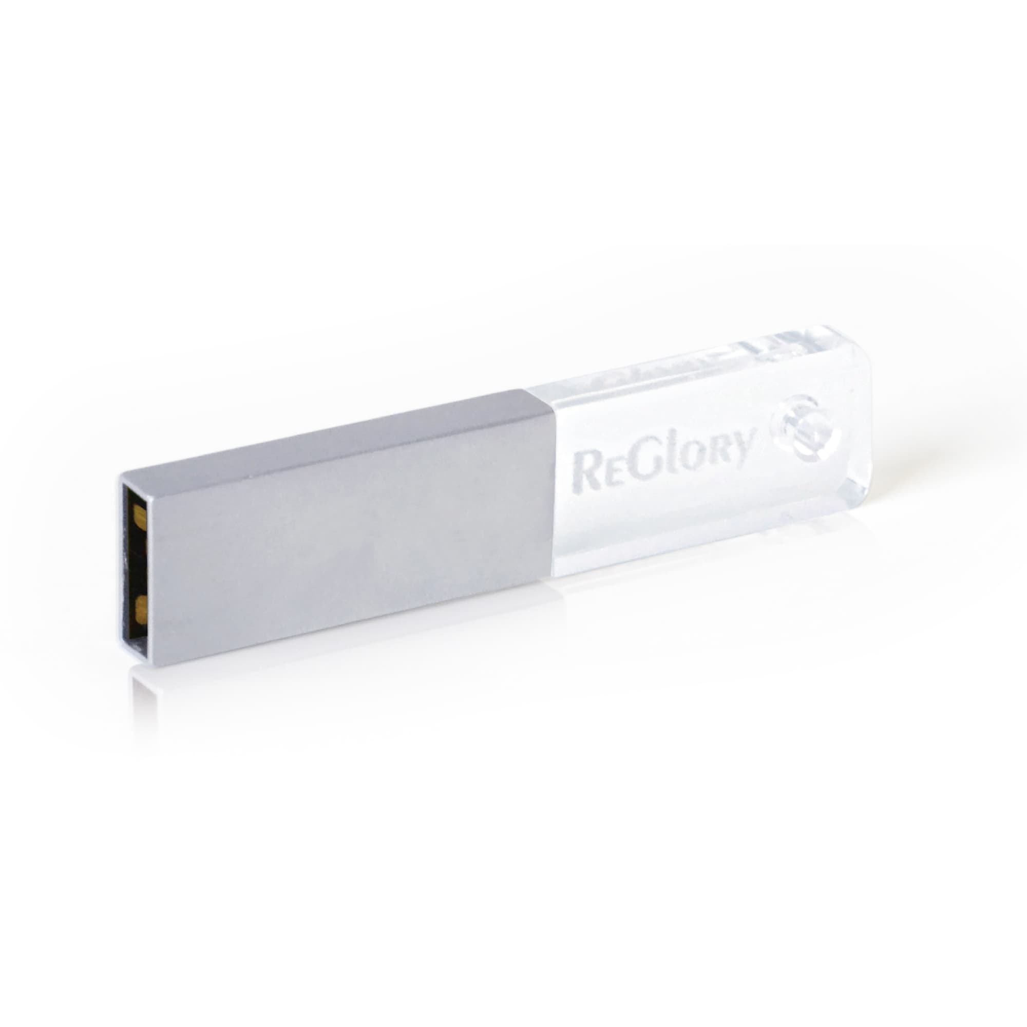 A rectangular crystal flash drive in clear and silver, featuring a logo on one side. Rectangle Crystal Flash Drive - Image 1