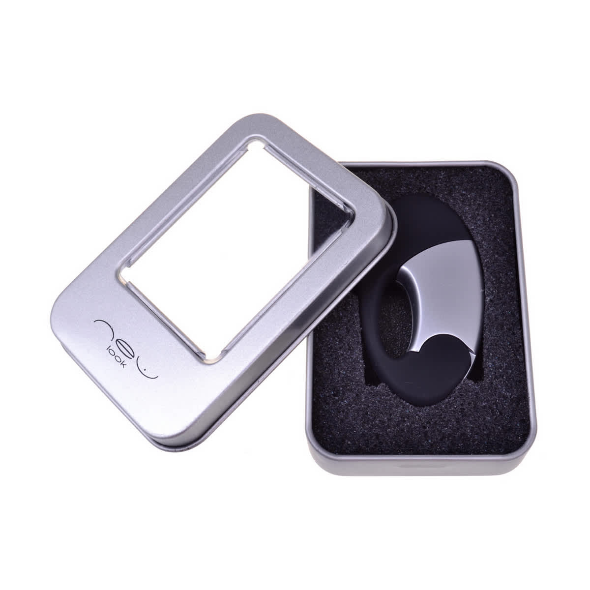 A silver tin case with a clear top, containing a black item nestled in black foam. It features a logo on the case. Small Tin Case - Image 1