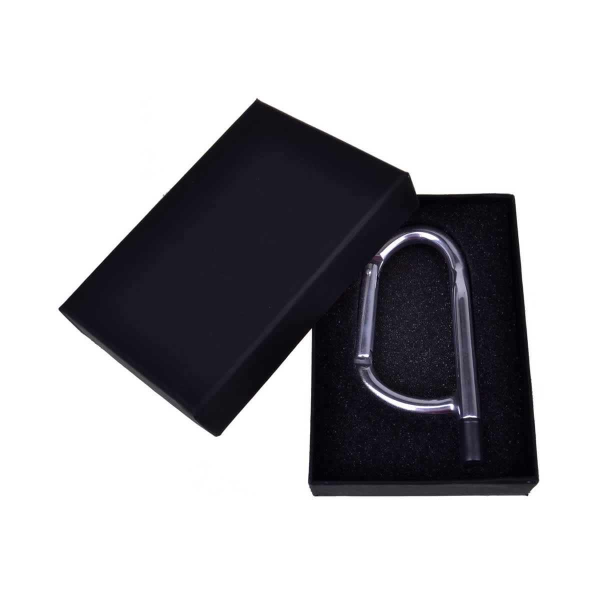 A black cardboard gift box containing a silver carabiner inside. The box is slightly open. Cardboard Gift Box - Image 1