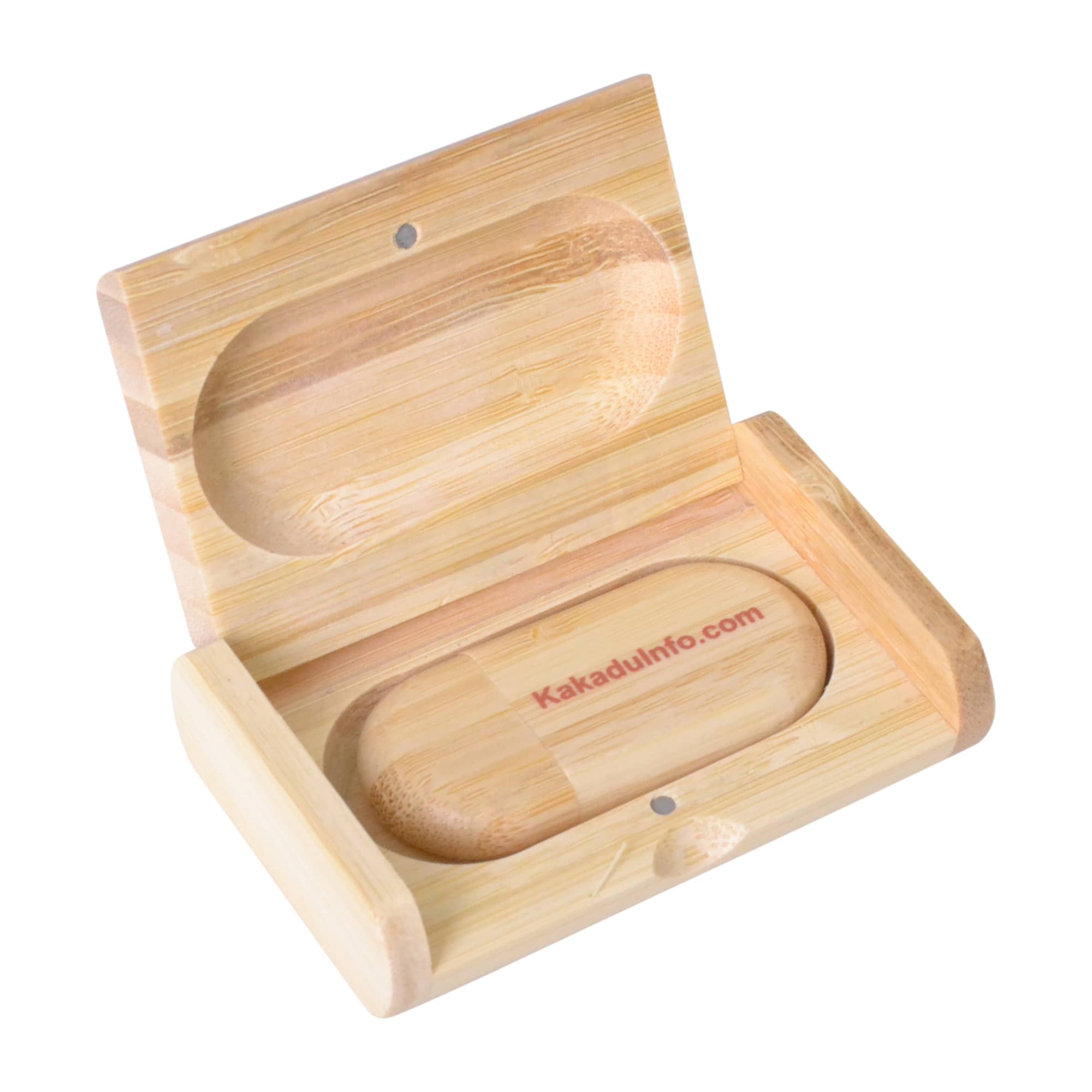 A wooden magnetic case in a light bamboo finish, featuring an inside compartment and a logo. Wooden Magnetic Case - Image 1
