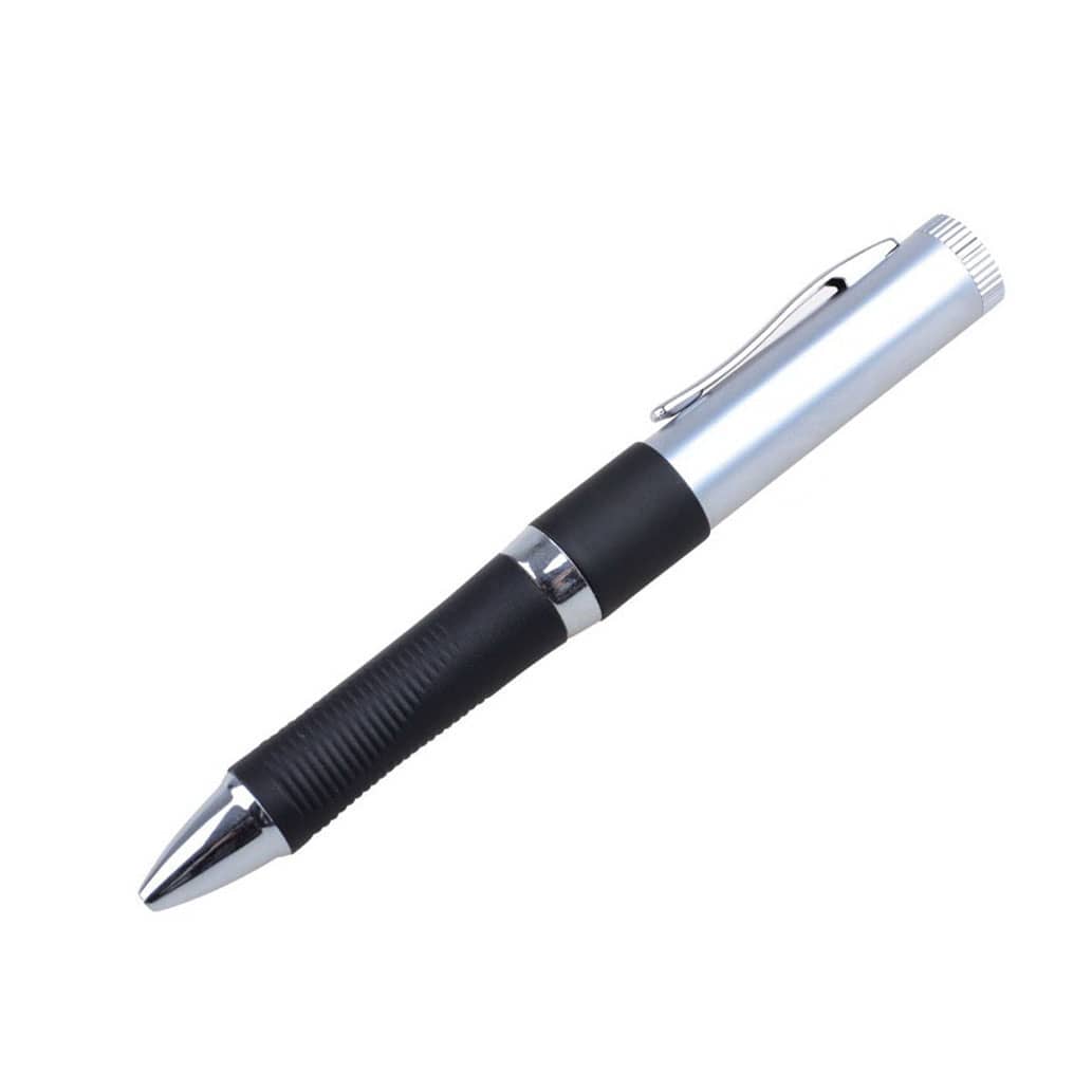 A silver and black pen with a textured grip and a cap, featuring a logo on its body. Laszlo Flash Drive Pen - Image 1