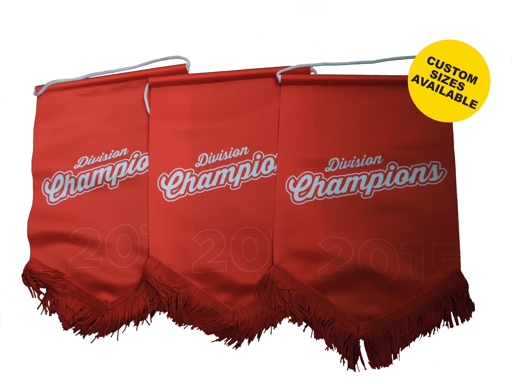 Three red pennants with white text and fringes, featuring a logo and a design indicating division champions. Pennants 210mm x 300mm - Image 1