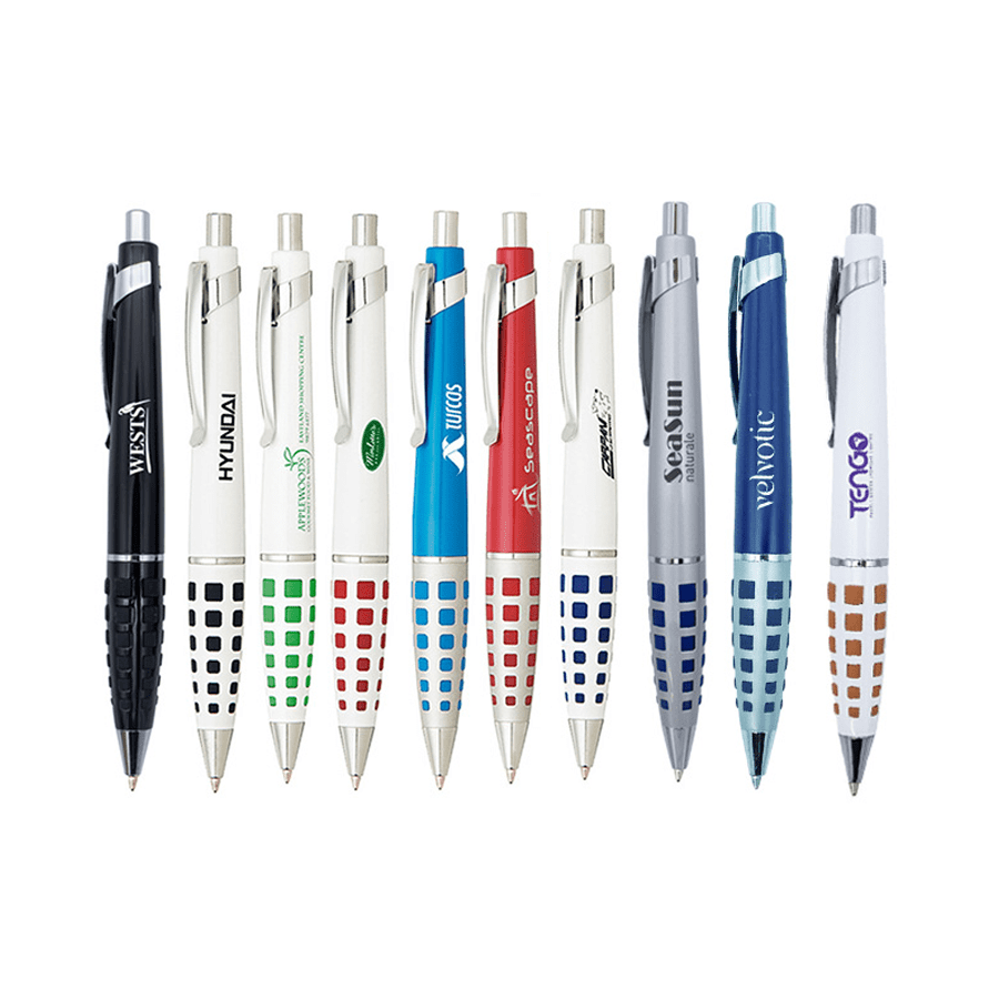 A collection of metal pens in various colours, featuring designs with grip patterns and logos. Madison Pen - Image 1