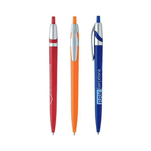 Three plastic pens in red, orange, and blue, featuring silver accents and varying designs. One pen has a logo. Electro Colour Pen - Image 1