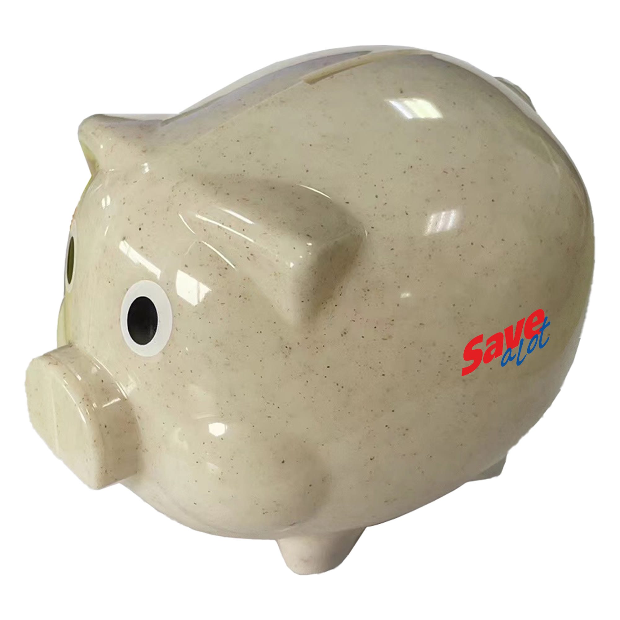 A cream-coloured piggy bank made from wheat straw, featuring large eyes and a logo. Wheat Straw Piggy Bank - Image 1